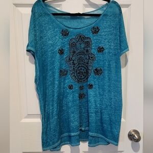 Cato Teal Short Sleeve Top with Black Graphic